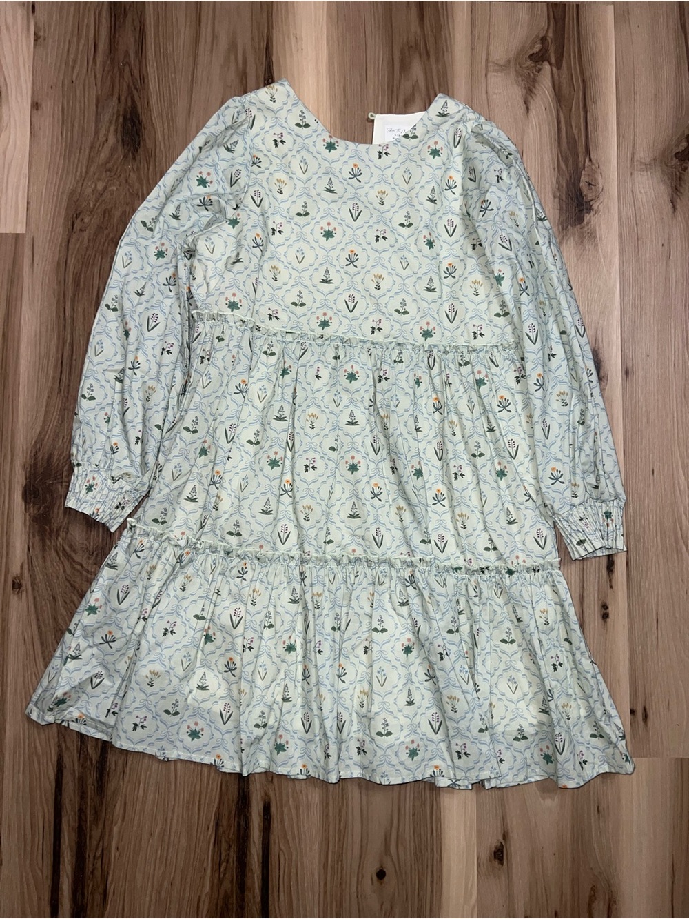 Girls' Pale Green Floral Tiered Long-Sleeve Dress